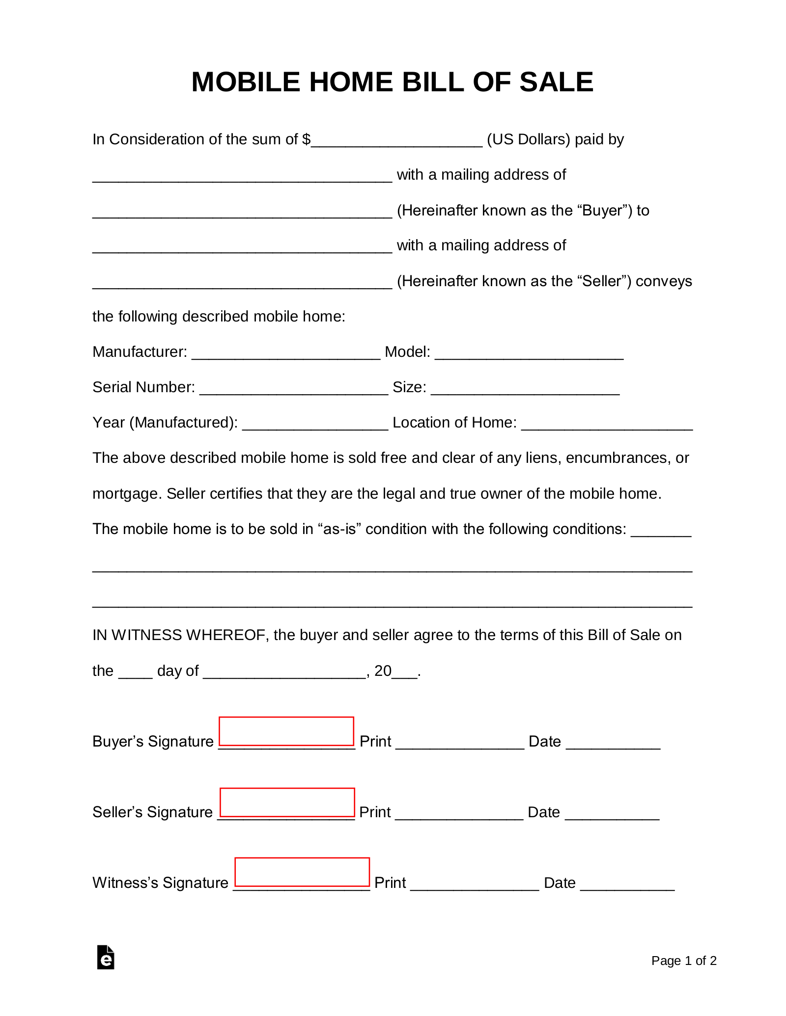 Free Mobile (Manufactured) Home Bill Of Sale Form - Pdf | Word inside FREE Printable Bill of Sale Form For Mobile Home