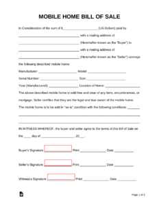 Free Mobile (Manufactured) Home Bill Of Sale Form - Pdf | Word inside Free Printable Bill Of Sale Mobile Home