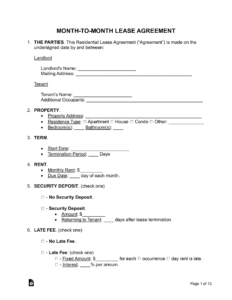 Free Month-To-Month Lease Agreement Template - Pdf | Word – Eforms pertaining to FREE Printable Basic Rental Agreement Month to Month