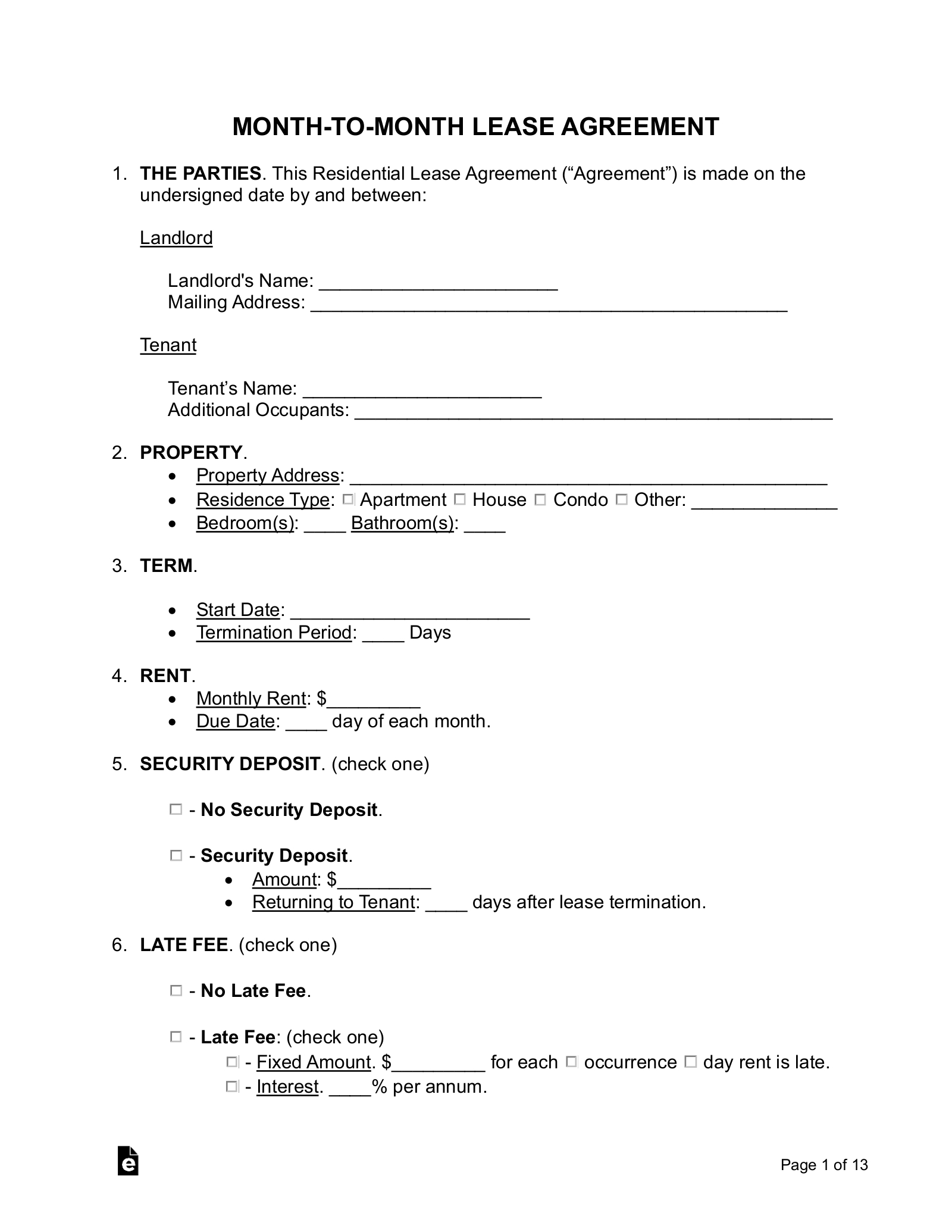 Free Month-To-Month Lease Agreement Template - Pdf | Word – Eforms pertaining to FREE Printable Basic Rental Agreement Month to Month
