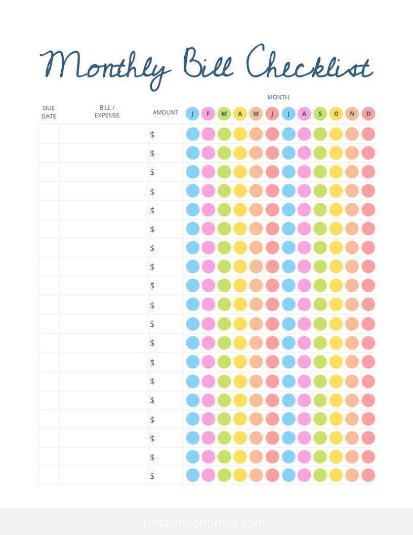 Free Monthly Bill Checklist | Hirschfeld inside Free Printable Bill Payment Checklist