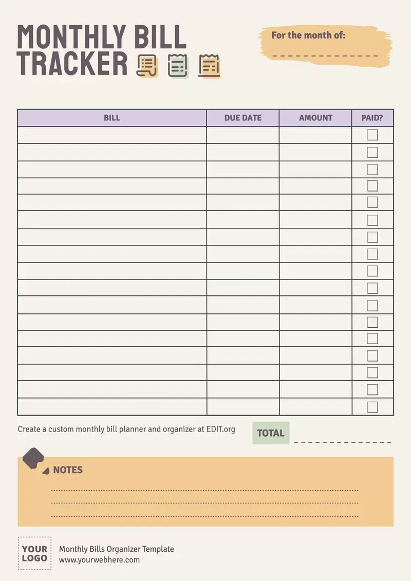 Free Monthly Bills Organizer Templates inside Free Printable Bill Payment Organizer