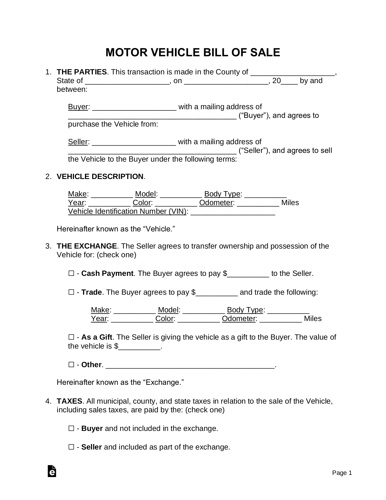 Free Motor Vehicle (Dmv) Bill Of Sale Form - Pdf | Word – Eforms pertaining to FREE Printable Blank Bill of Sale For Vehicle