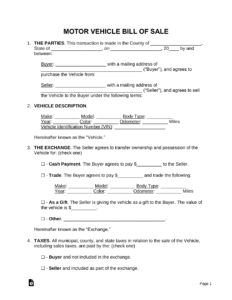 Free Motor Vehicle (Dmv) Bill Of Sale Form - Pdf | Word – Eforms within FREE Printable Blank Bill of Sale For Car