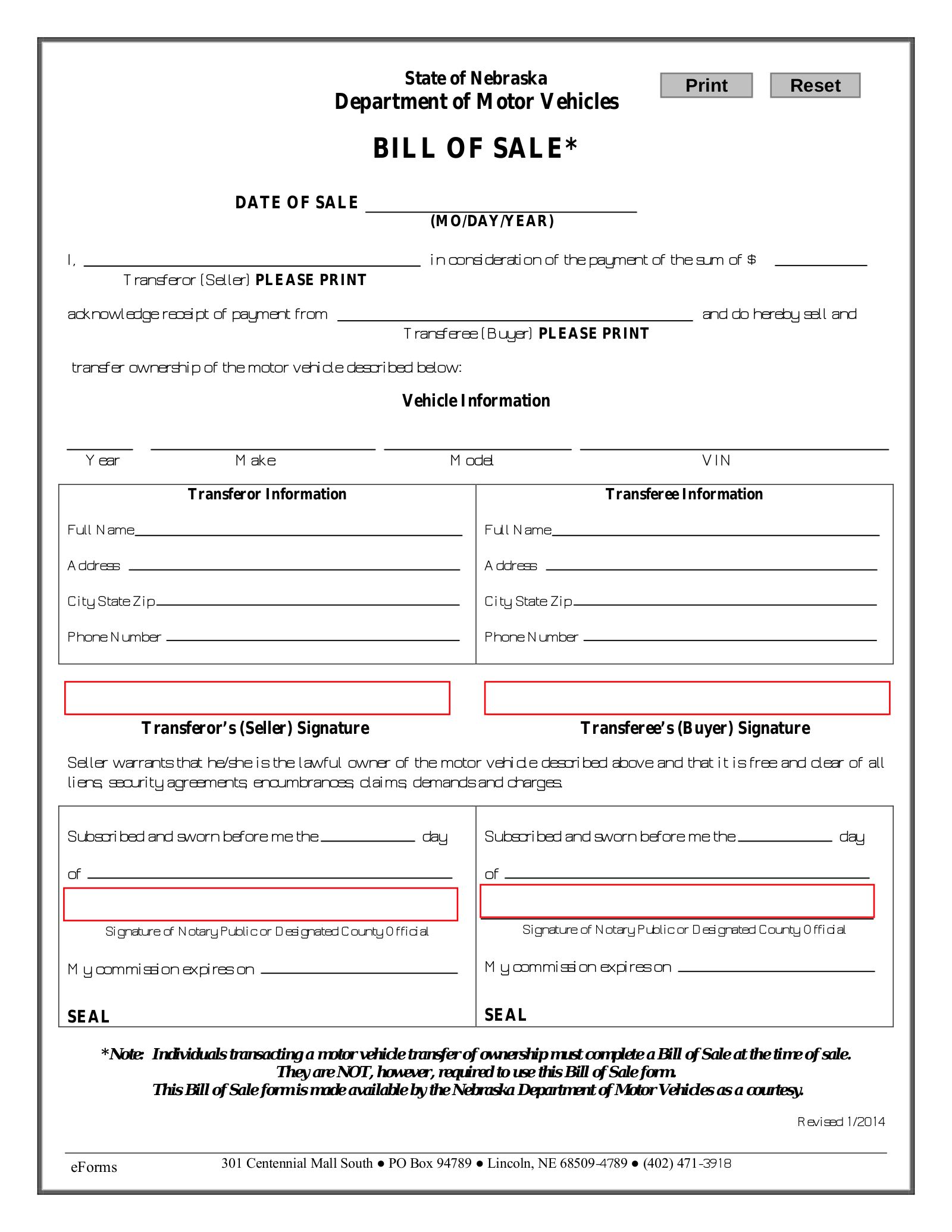 Free Nebraska Motor Vehicle Bill Of Sale Form - Pdf – Eforms throughout FREE Printable Bill of Sale For Car Nebraska