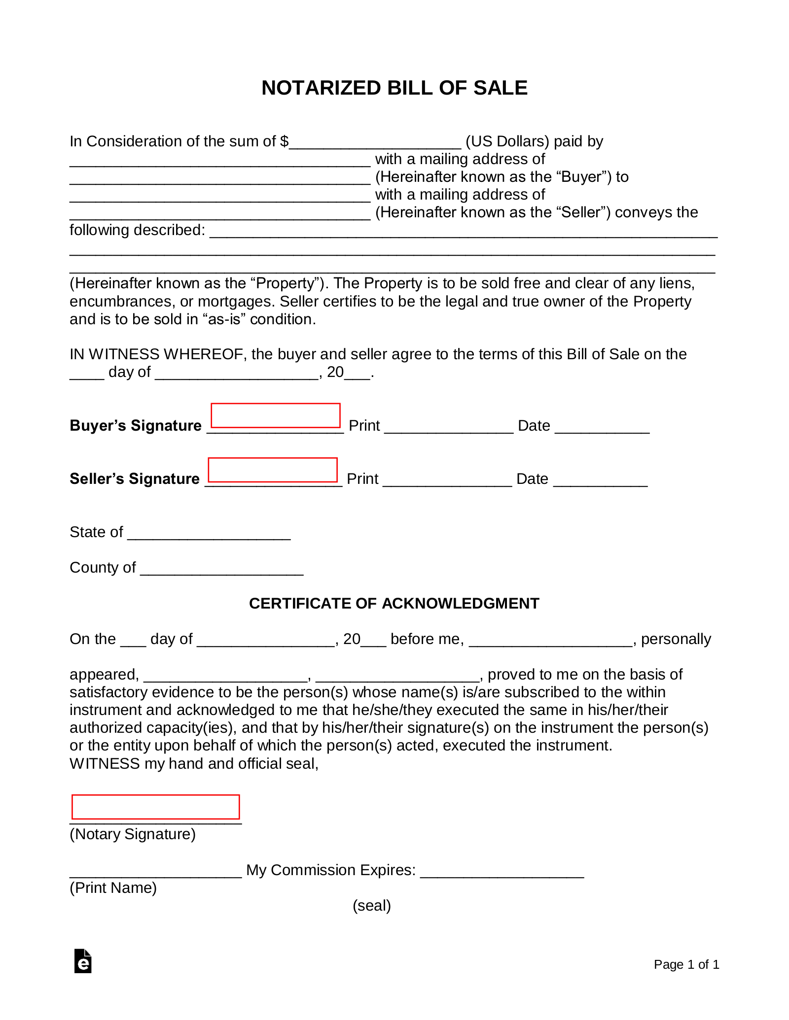 Free Notarized Bill Of Sale Form - Pdf | Word – Eforms with regard to Free Printable Bill Of Sale With Notary
