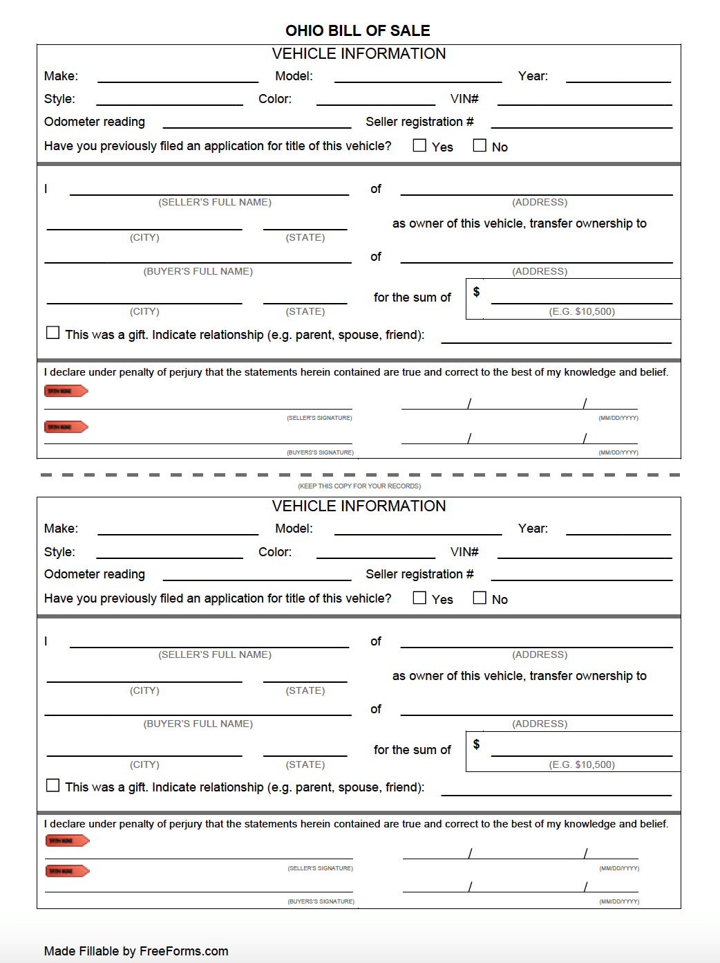 Free Ohio Bill Of Sale Forms | Pdf for FREE Printable Bill of Sale Ohio