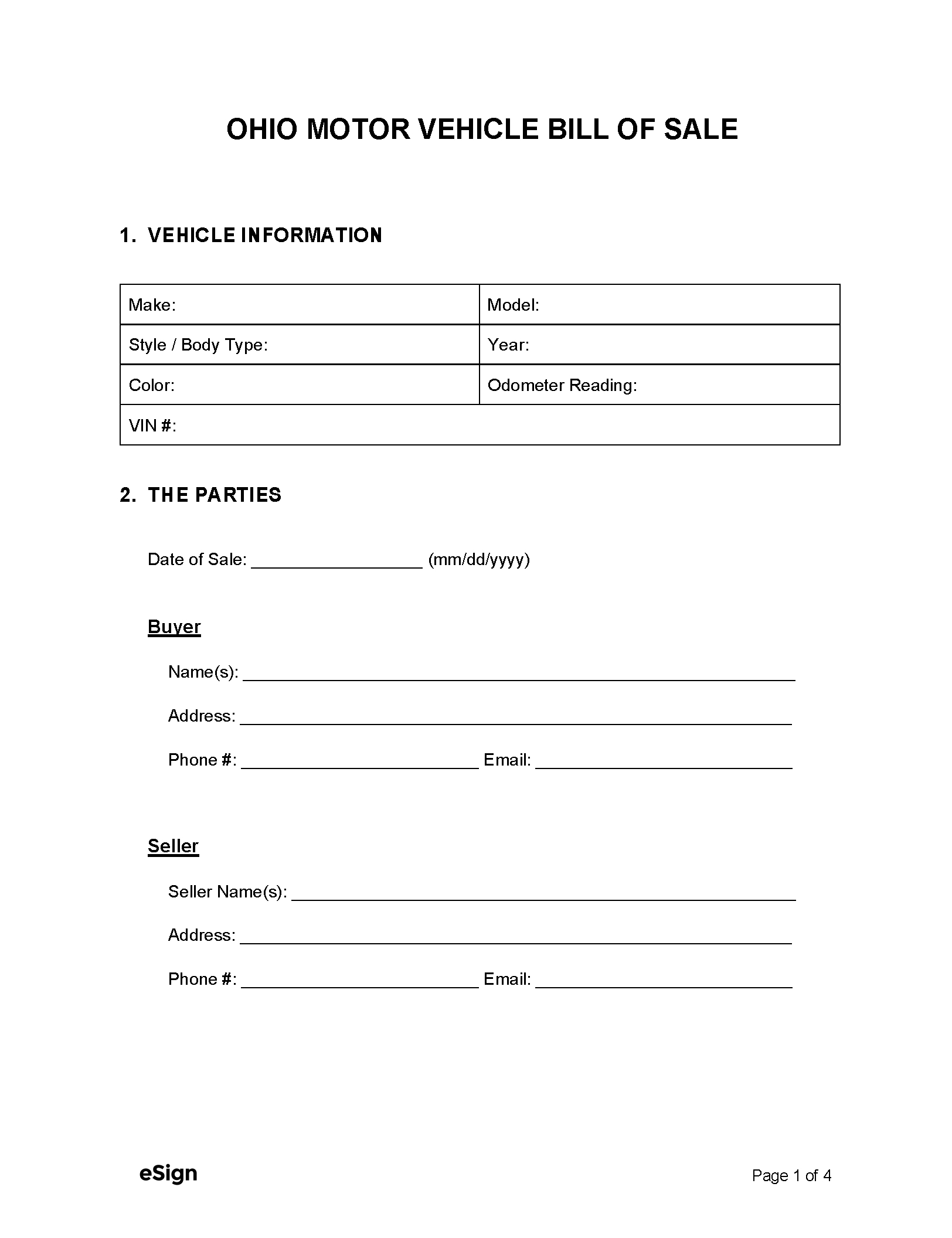 Free Ohio Motor Vehicle Bill Of Sale Form | Pdf | Word inside Free Printable Bill Of Sale Ohio
