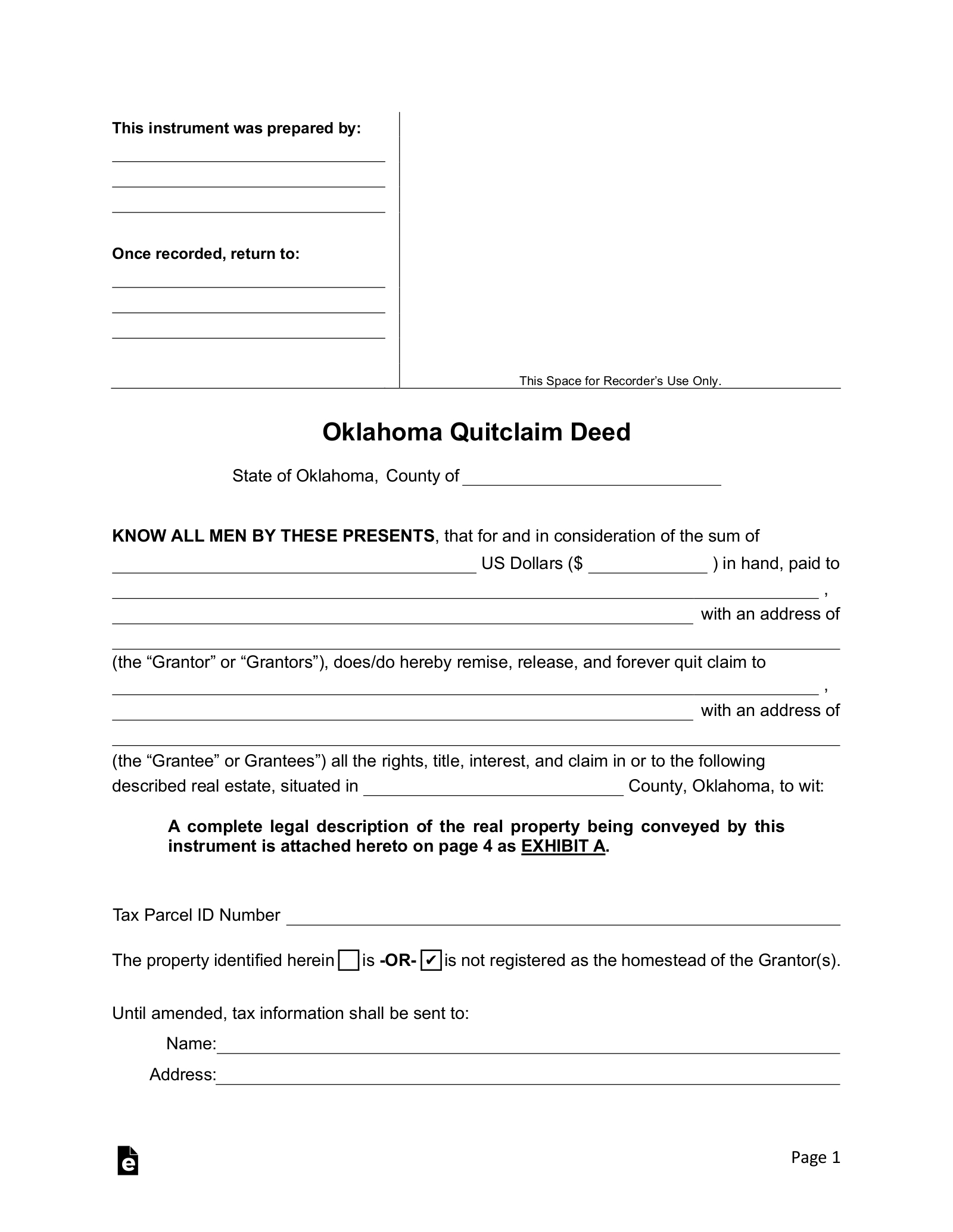 Free Oklahoma Quit Claim Deed Form - Pdf | Word – Eforms pertaining to Free Printable Blank Quit Claim Deed Form Oklahoma