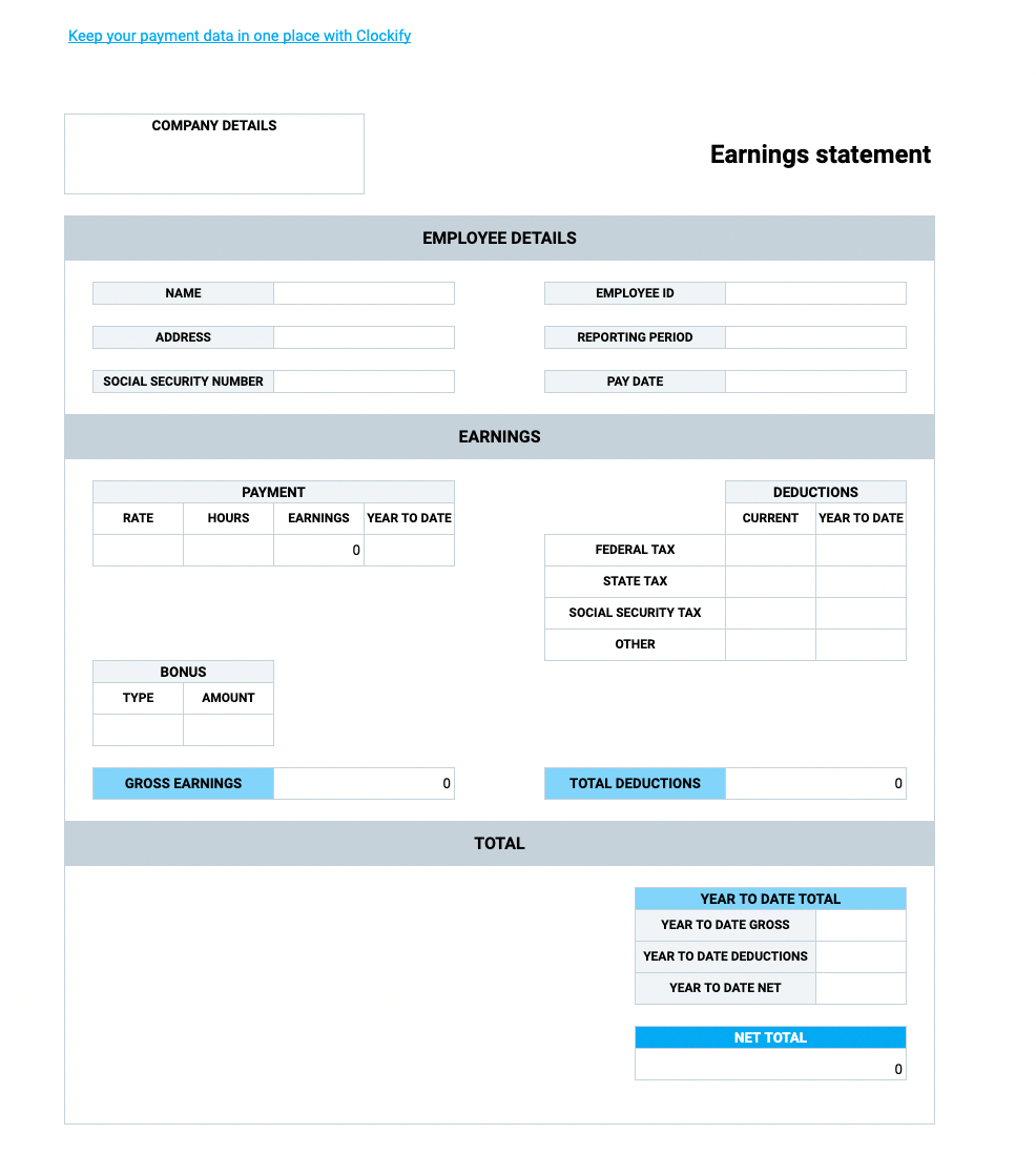 Free Pay Stub Templates — Clockify intended for Free Printable Blank Paycheck Stubs