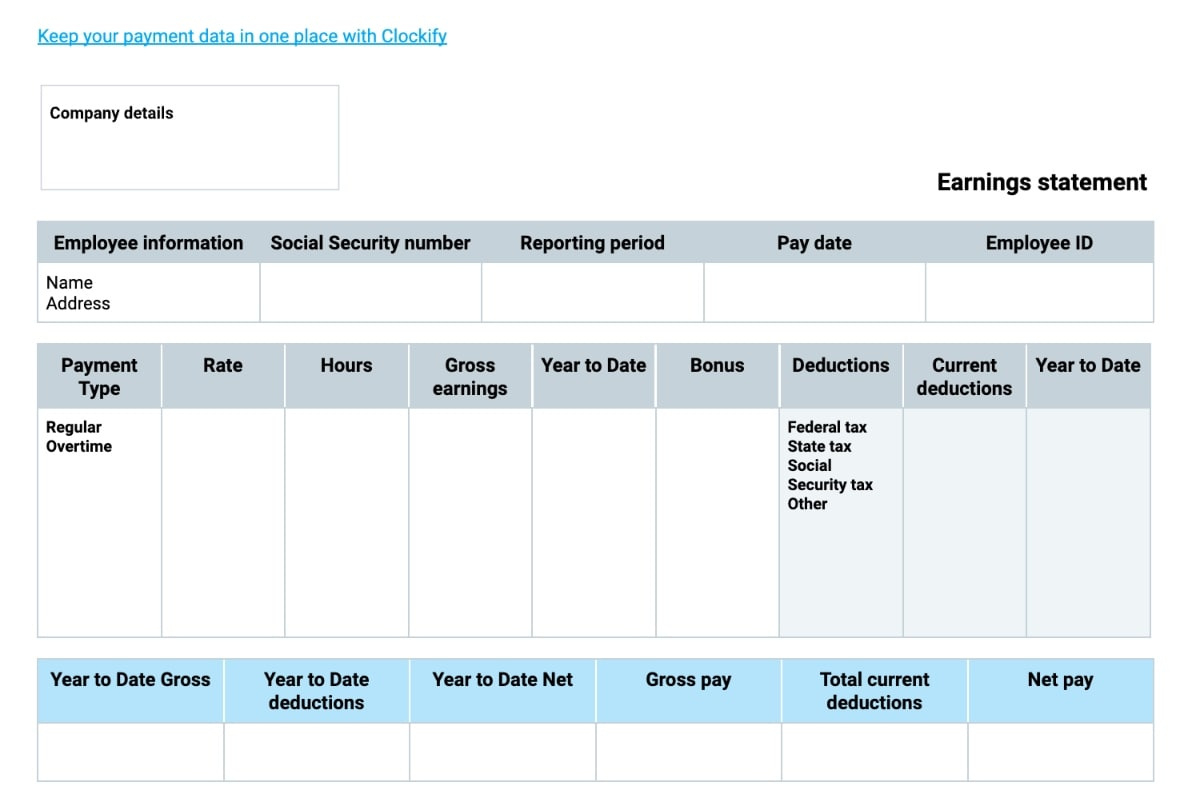 Free Pay Stub Templates — Clockify with Free Printable Blank Paycheck Stubs