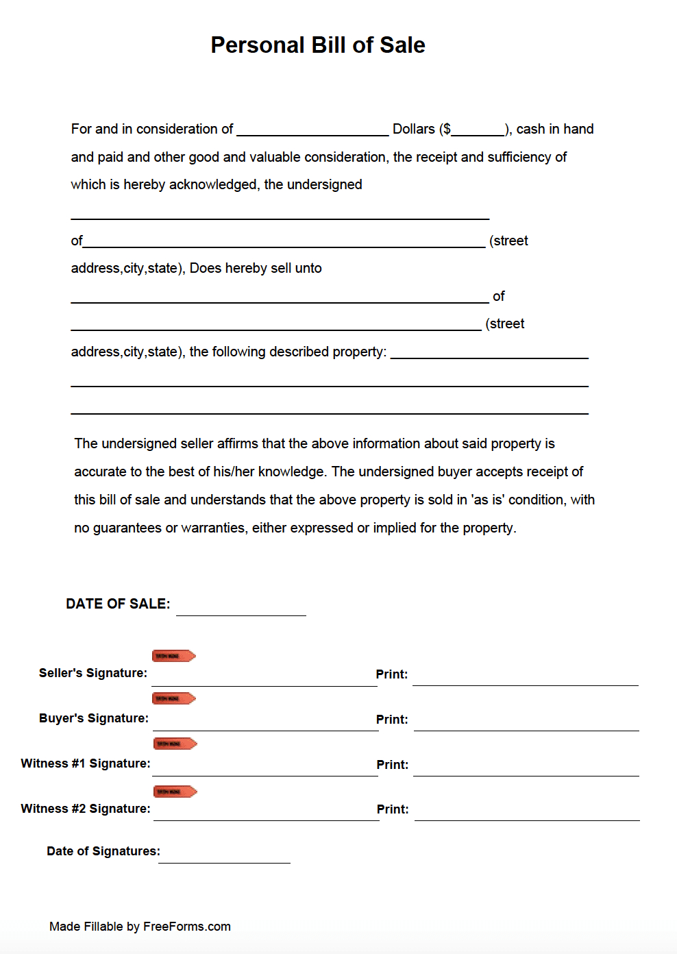Free Personal Bill Of Sale Form | Pdf with regard to Free Printable Bill Of Sale For Land