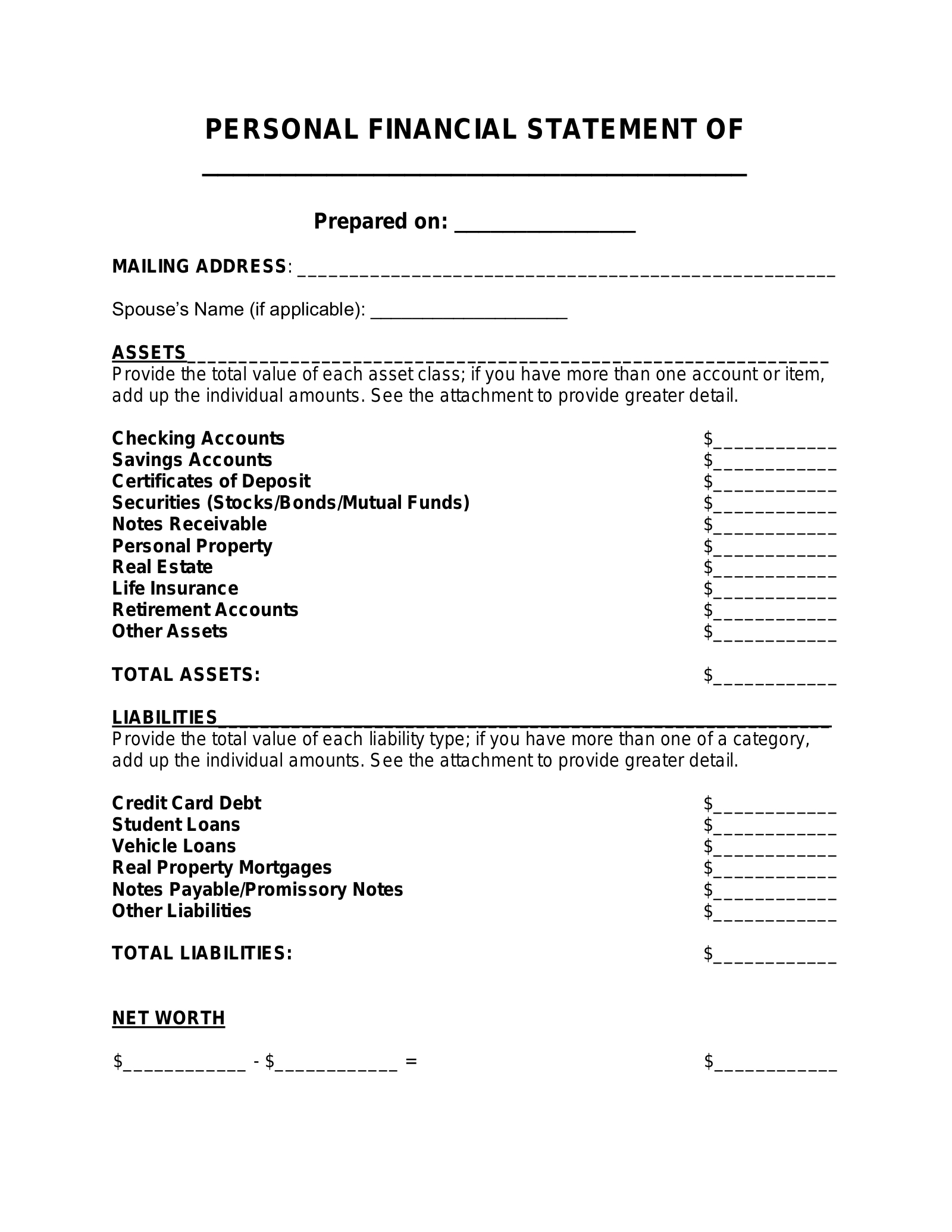 Free Personal Financial Statement Template - Pdf | Word – Eforms with regard to FREE Printable Blank Financial Statement Form
