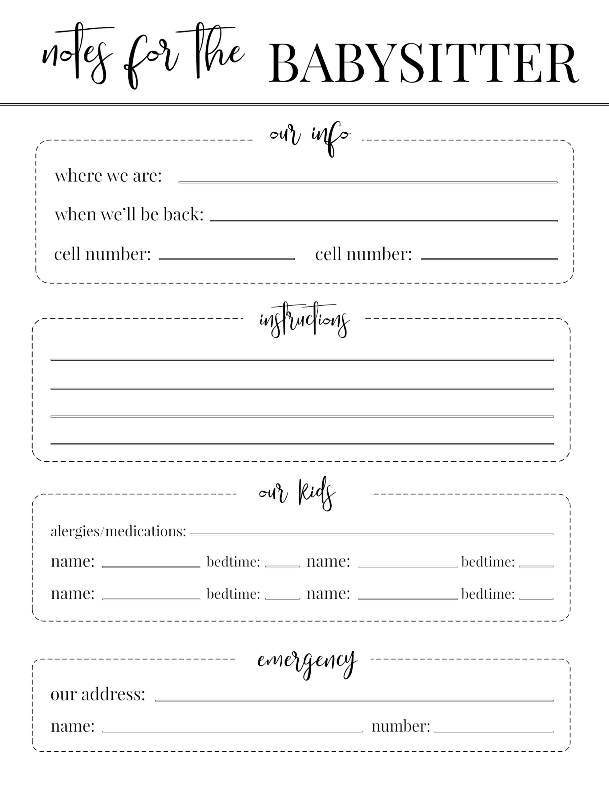 Free Printable Babysitter Notes Template - Paper Trail Design for FREE Printable Babysitter Information Babysitter Info Sheet