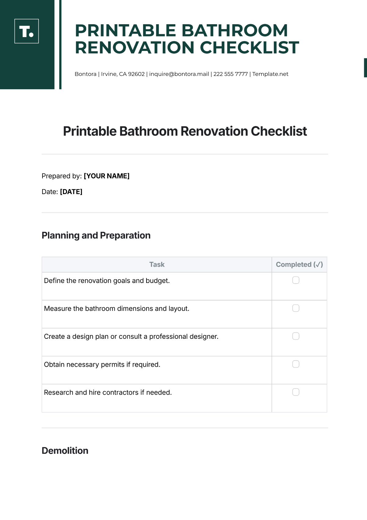 Free Printable Bathroom Renovation Checklist Template To Edit Online intended for FREE Printable Bathroom Remodel Checklist