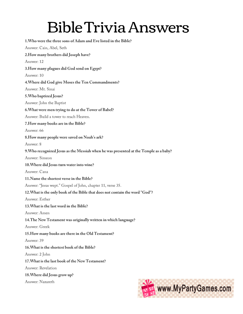 Free Printable Bible Trivia Quiz With Answer Key pertaining to Free Printable Bible Trivia Questions
