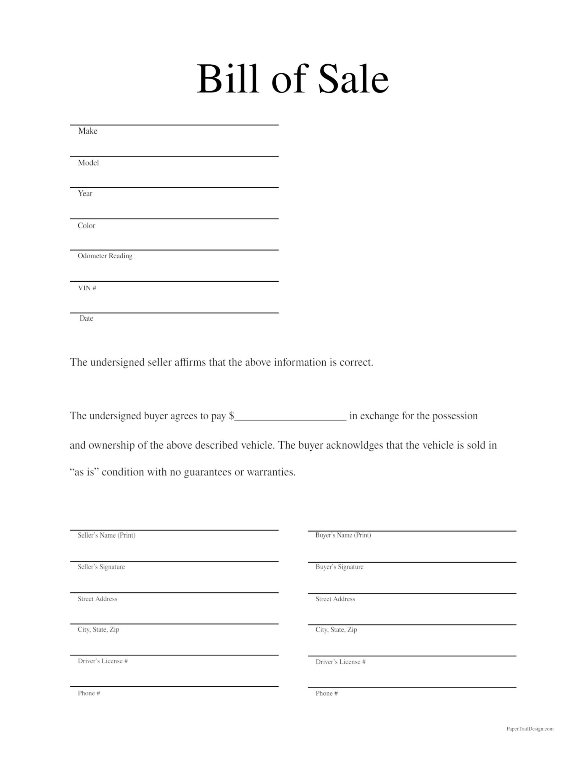 Free Printable Bill Of Sale Template - Paper Trail Design with regard to Free Printable Blank Bill Of Sale For Vehicle