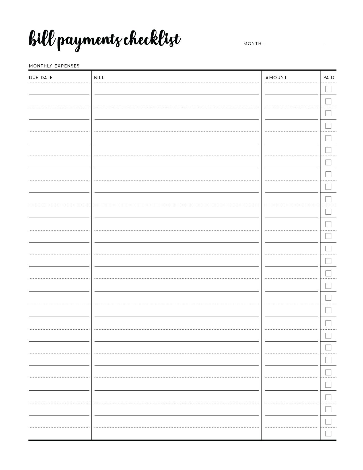 Free Printable Bill Pay Checklist - World Of Printables with Free Printable Bill Payment Checklist