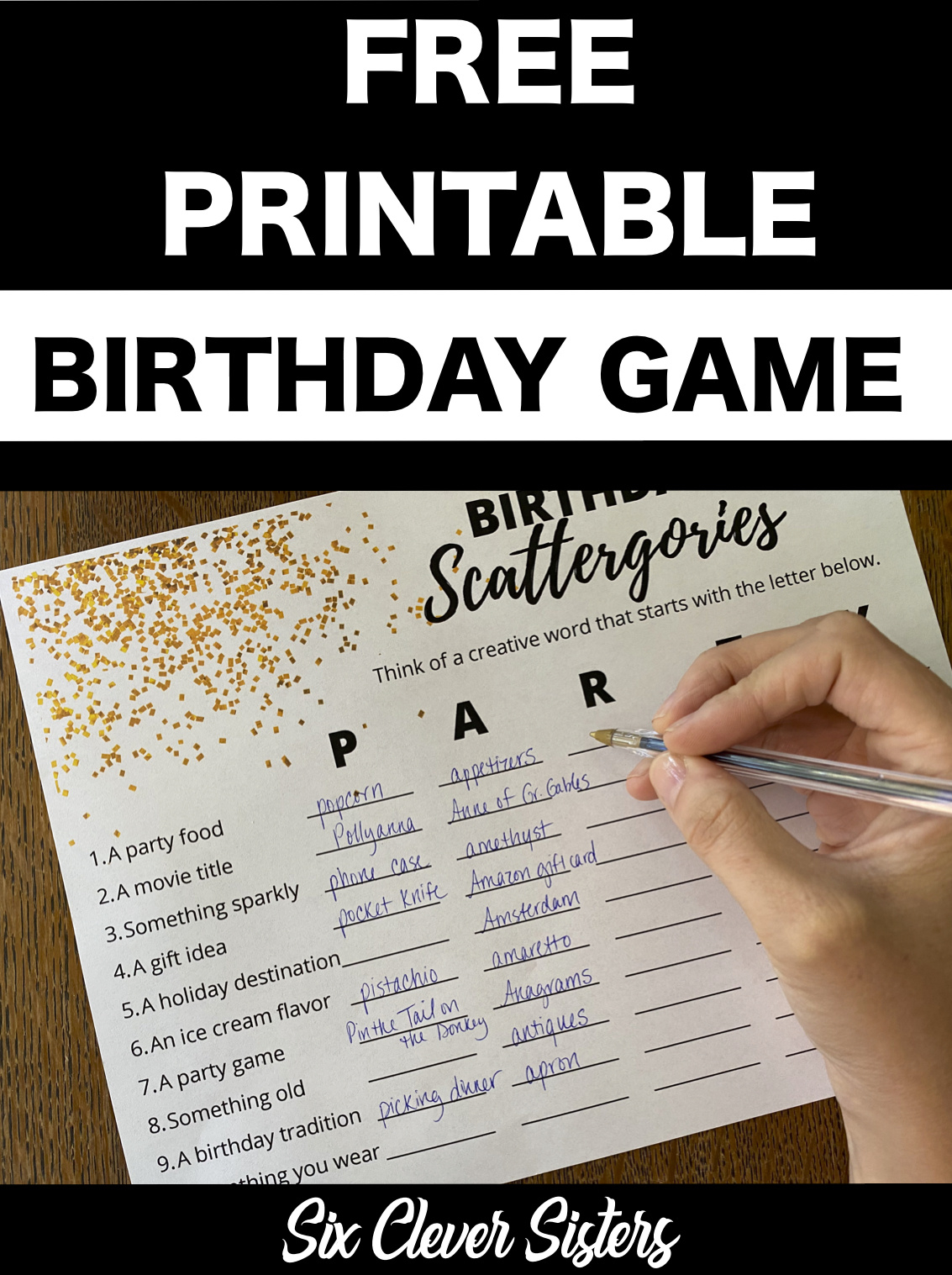 Free Printable Birthday Scattergories Game - Six Clever Sisters inside FREE Printable Birthday Party Games Adults