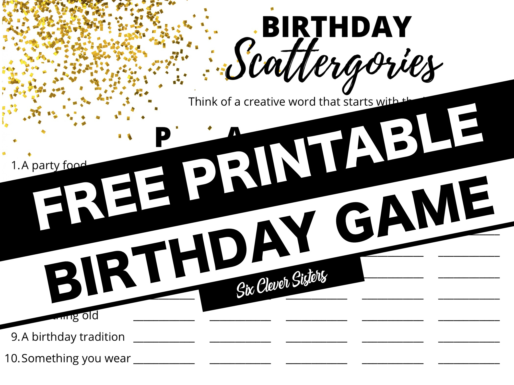 Free Printable Birthday Scattergories Game - Six Clever Sisters with regard to Free Printable Birthday Party Games Adults