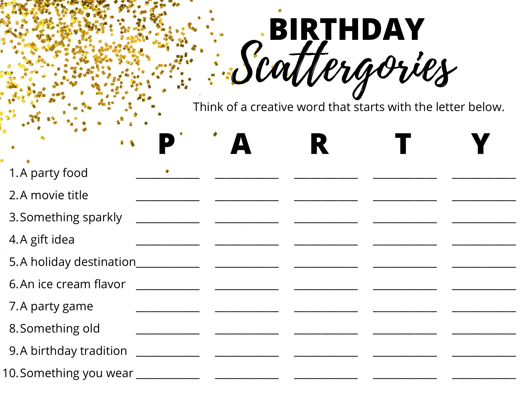 Free Printable Birthday Scattergories Game_2 - Six Clever Sisters for Free Printable Birthday Party Games Adults