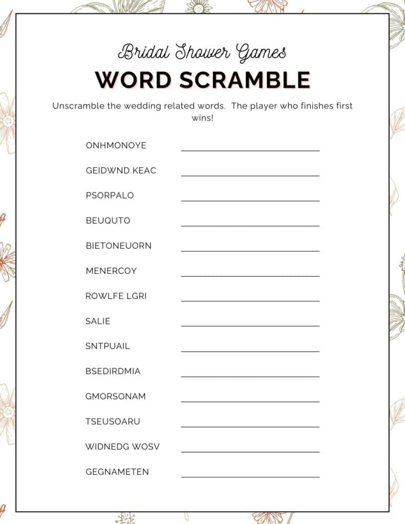 Free Printable Bridal Shower Word Scramble Game in Free Printable Bridal Shower Games Word Scramble