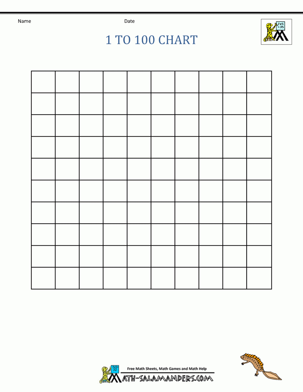 Free Printable Hundred Number Chart inside FREE Printable Blank 100 Square Grid