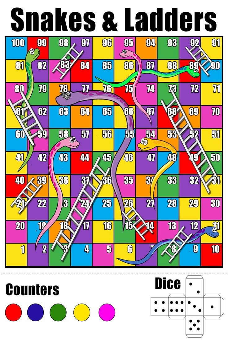 Free Printable Snakes &amp;amp; Ladders Game Template With Counters within FREE Printable Board Games Snakes and Ladders