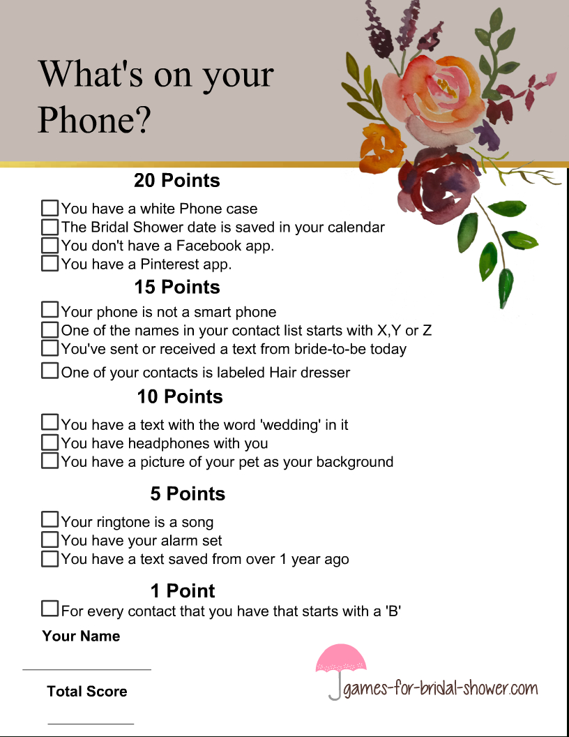 Free Printable What&amp;#039;S In Your Phone Bridal Shower Game in FREE Printable Bridal Shower Games What&amp;amp;#039;s In Your Phone