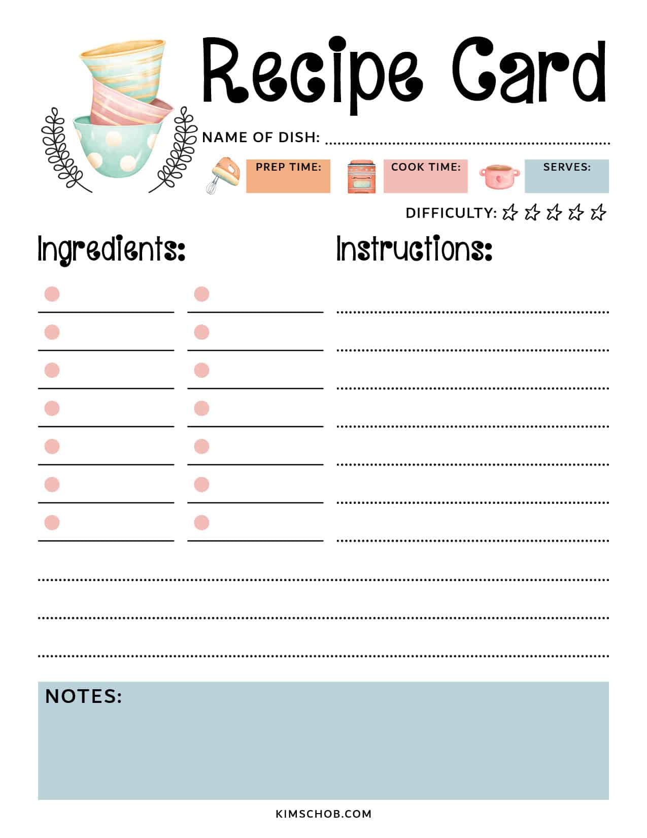 Free Recipe Card Printable - Kim Schob for Free Printable Blank Recipe Cards