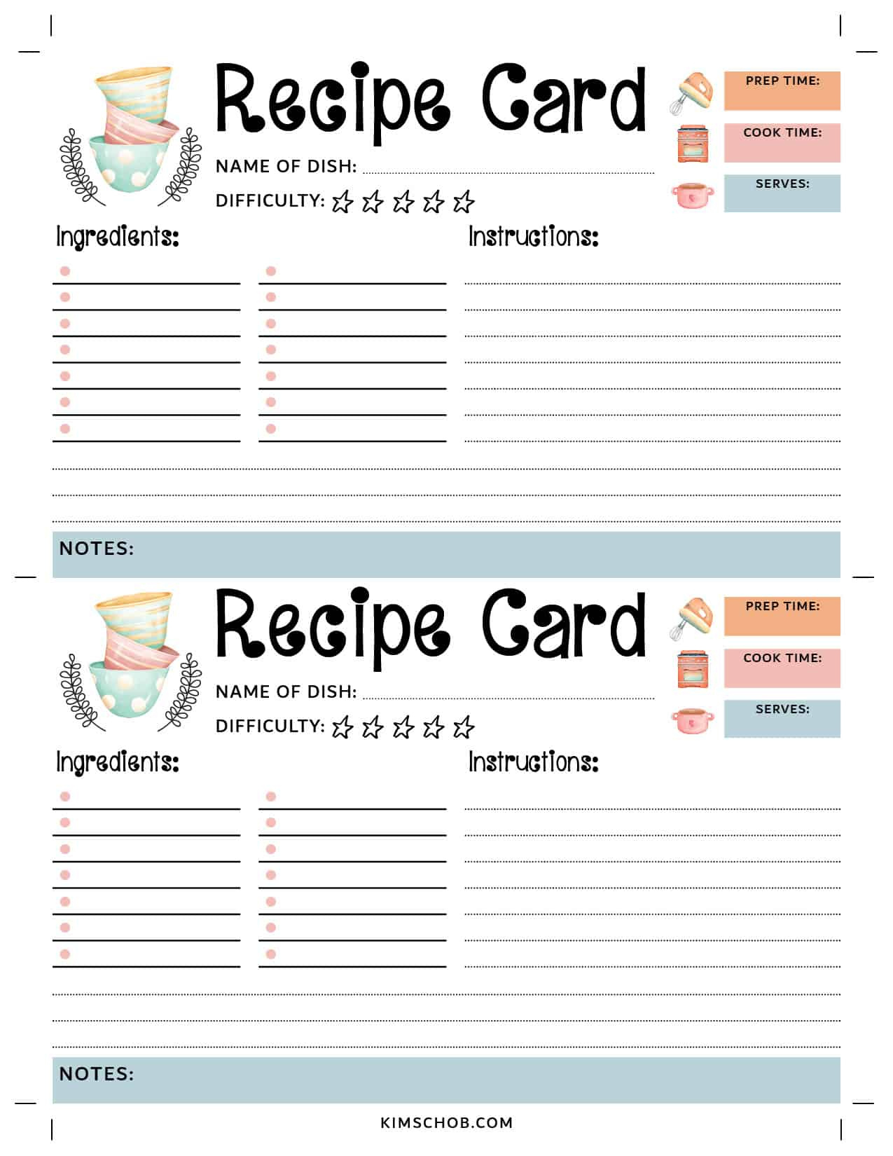 Free Recipe Card Printable - Kim Schob with regard to Free Printable Blank Recipe Cards 4X6