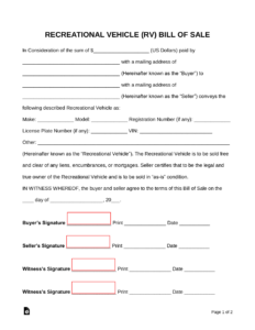 Free Recreational Vehicle (Rv) Bill Of Sale Form - Pdf | Word – Eforms with Free Printable Bill Of Sale For Travel Trailer