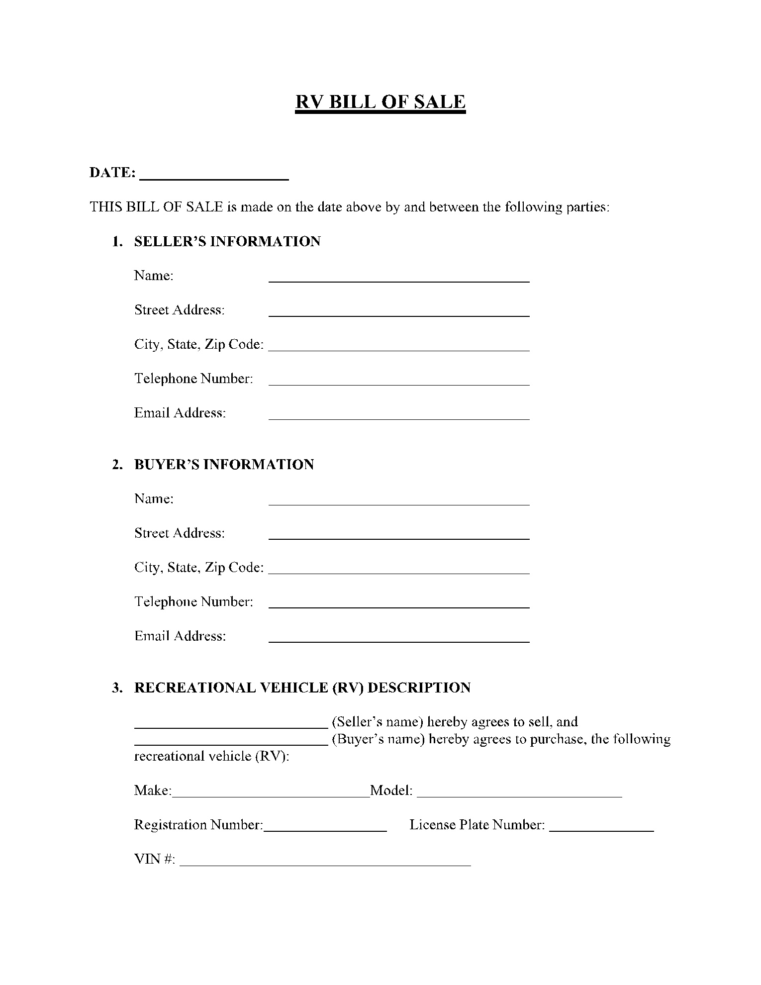 Free Recreational Vehicle (Rv) Bill Of Sale Template | Cocosign regarding FREE Printable Bill of Sale For Travel Trailer