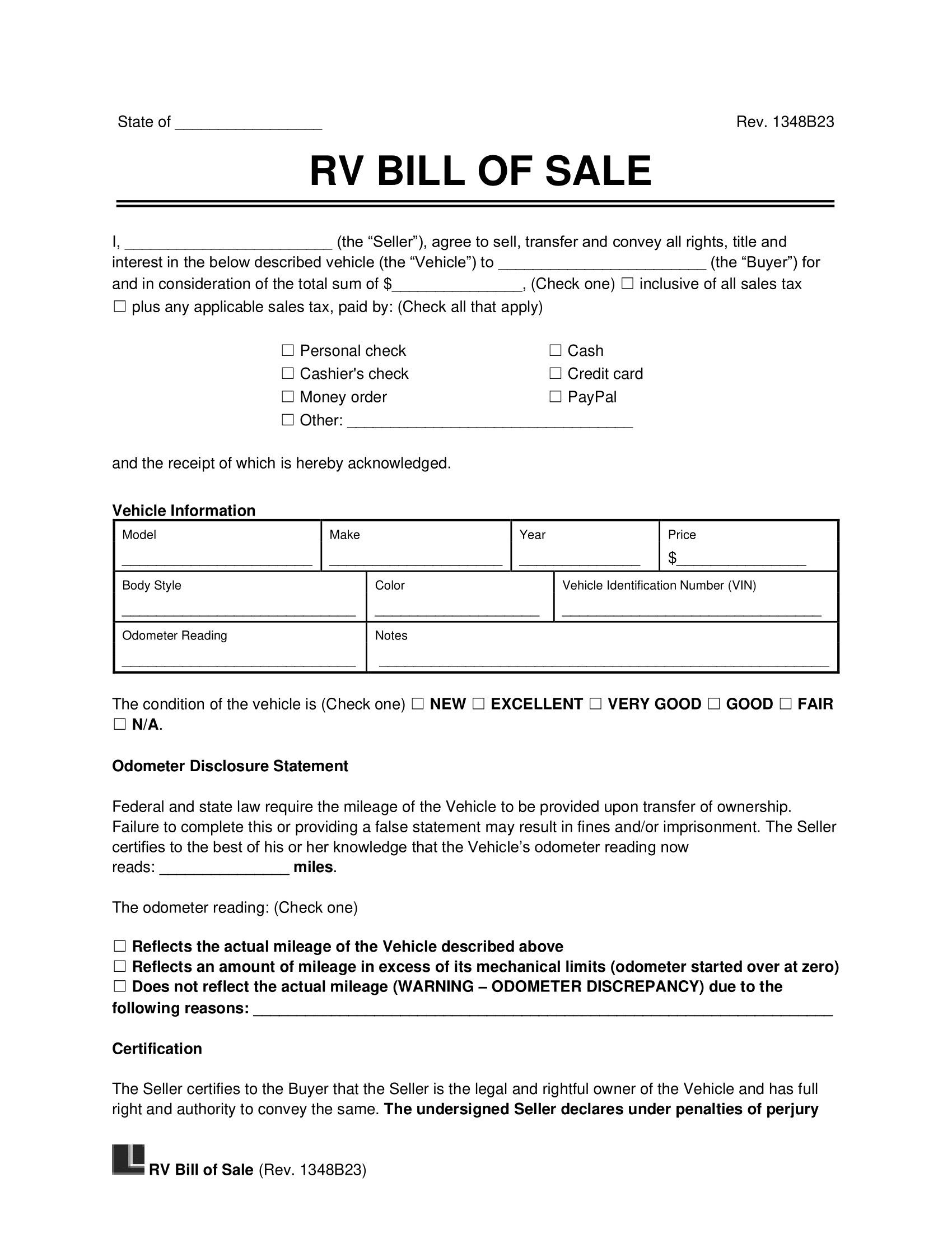 Free Recreational Vehicle (Rv) Bill Of Sale Template | Pdf &amp;amp; Word pertaining to FREE Printable Bill of Sale For Camper Trailer