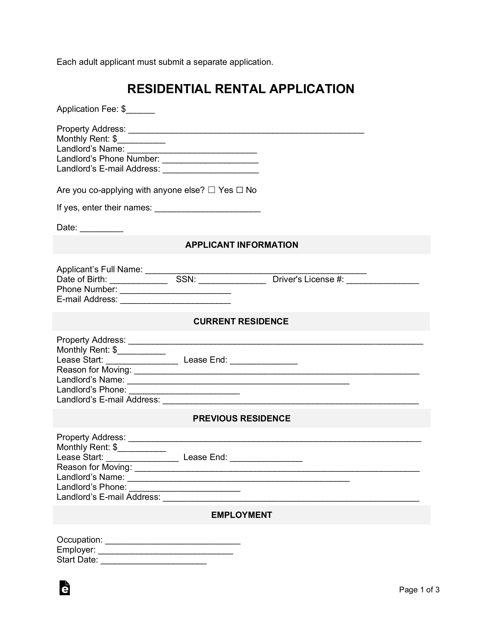 Free Rental Application Form - Pdf | Word – Eforms for FREE Printable Basic Rental Application