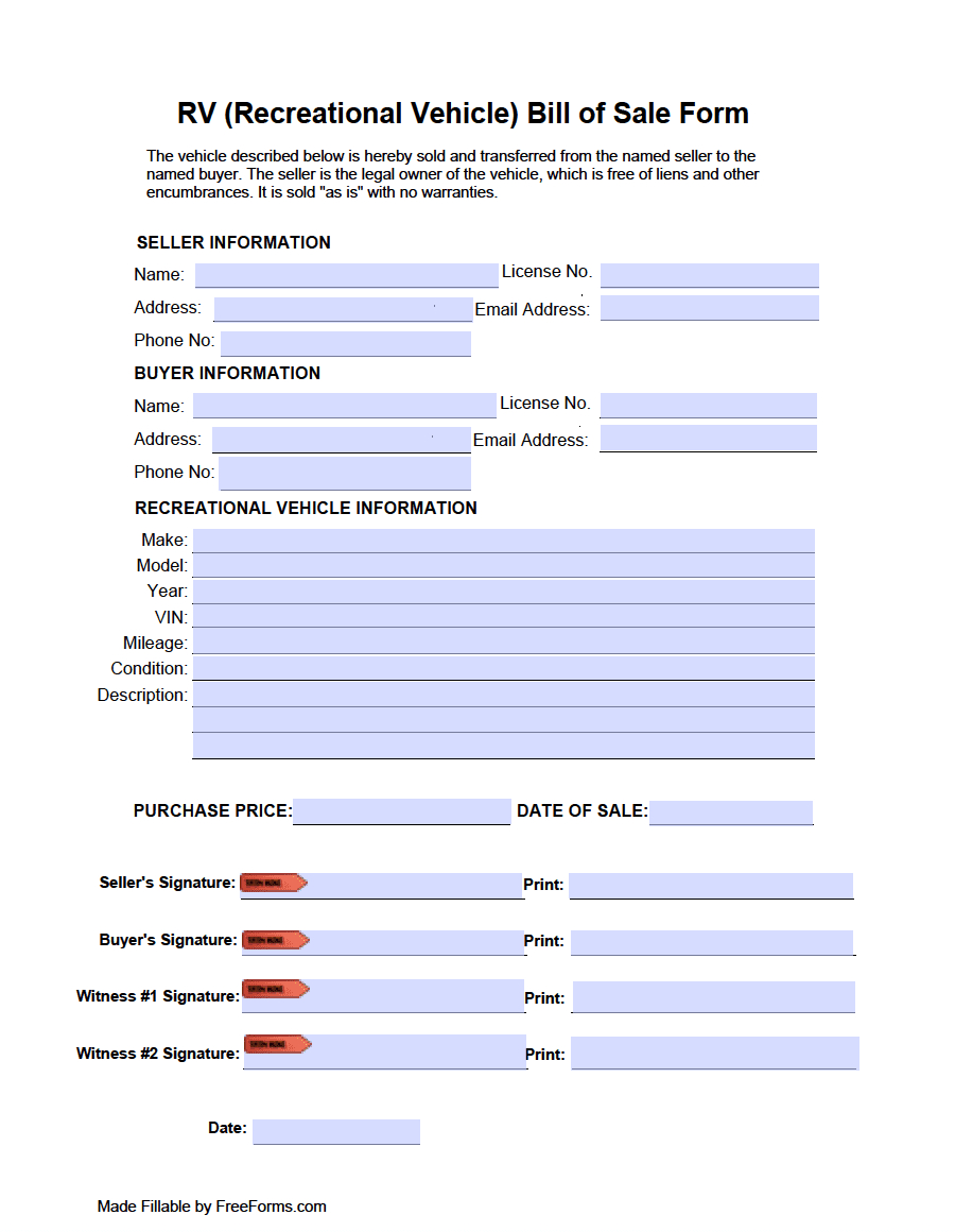 Free Rv (Recreational Vehicle) Bill Of Sale Form | Pdf intended for FREE Printable Bill of Sale For Travel Trailer