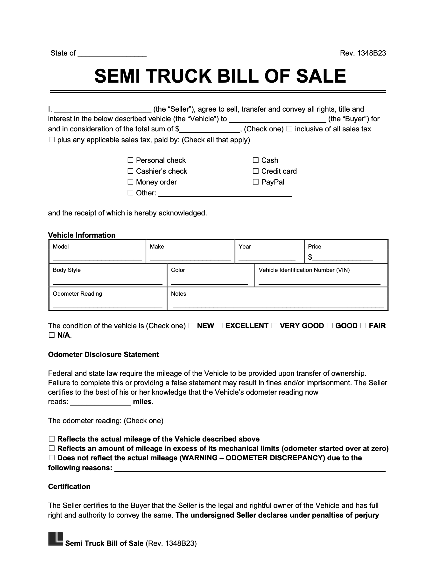 Free Semi-Truck Bill Of Sale Template | Pdf &amp;amp; Word in Free Printable Bill Of Sale For Semi Truck