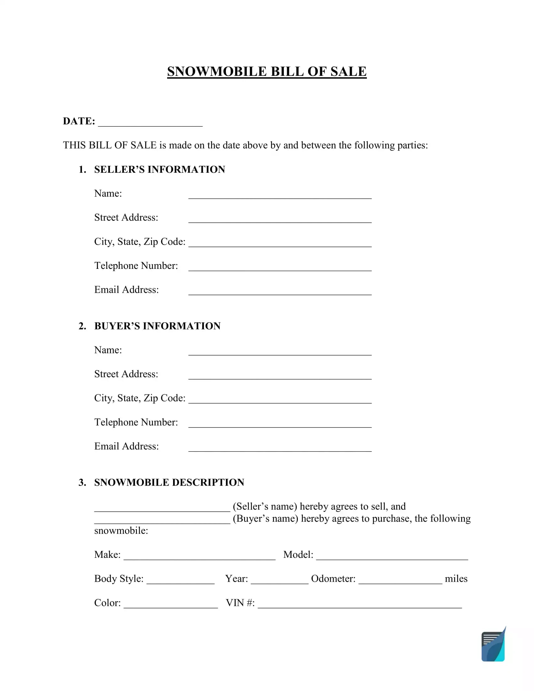 Free Snowmobile Bill Of Sale Form | Download Pdf | Formspal with regard to Free Printable Bill Of Sale For Snowmobile