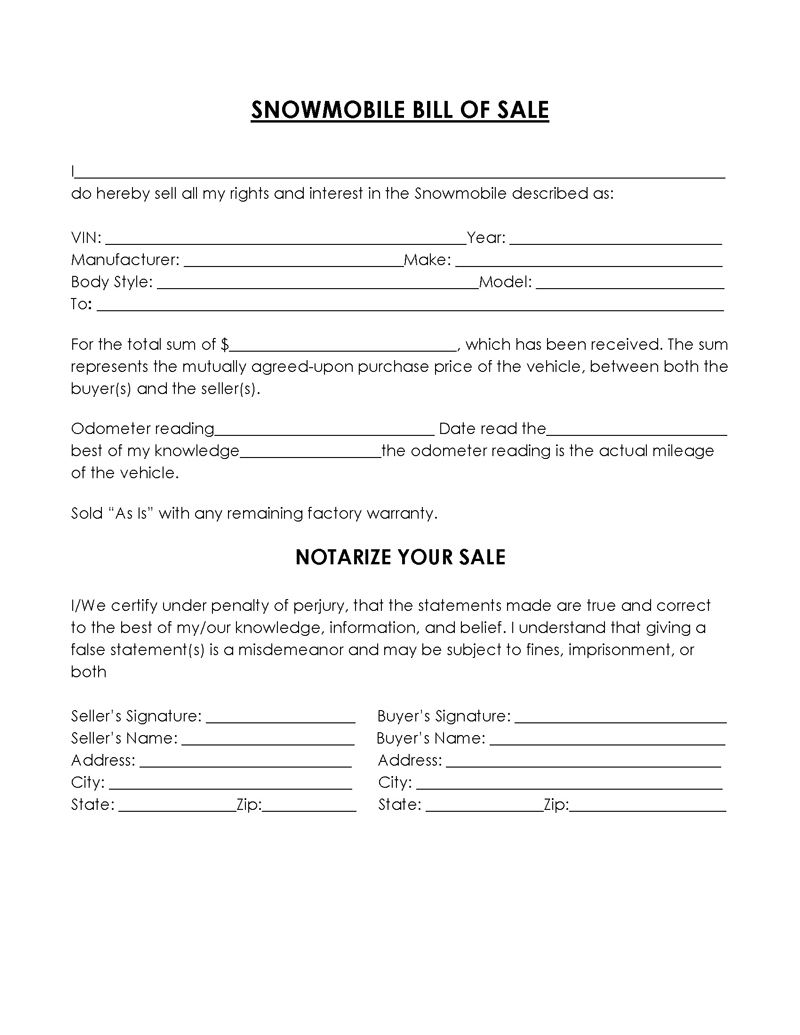 Free Snowmobile Bill Of Sale Forms (Word | Pdf) with regard to FREE Printable Bill of Sale For Snowmobile