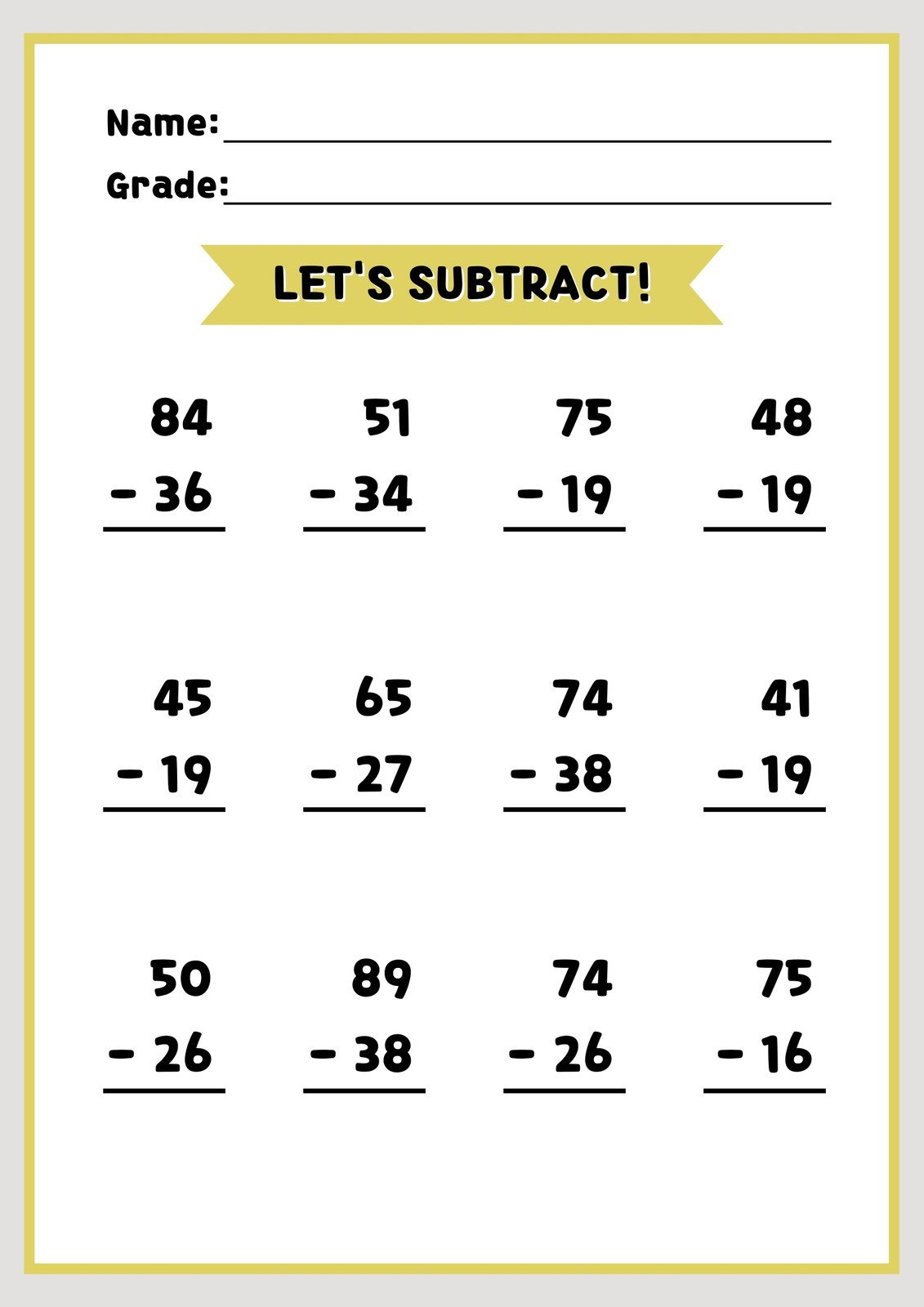 Free Subtraction Worksheet Templates To Edit And Print | Canva intended for Free Printable Basic Subtraction Worksheets