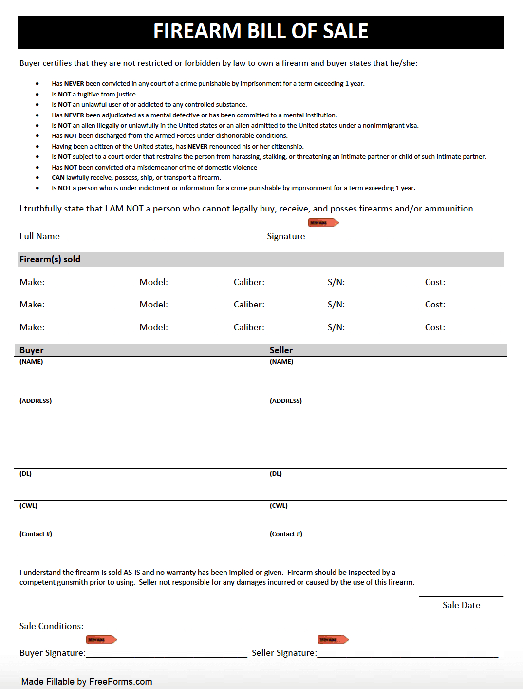 Free Texas Firearm (Gun) Bill Of Sale Form | Pdf inside Free Printable Bill Of Sale Template For Firearm