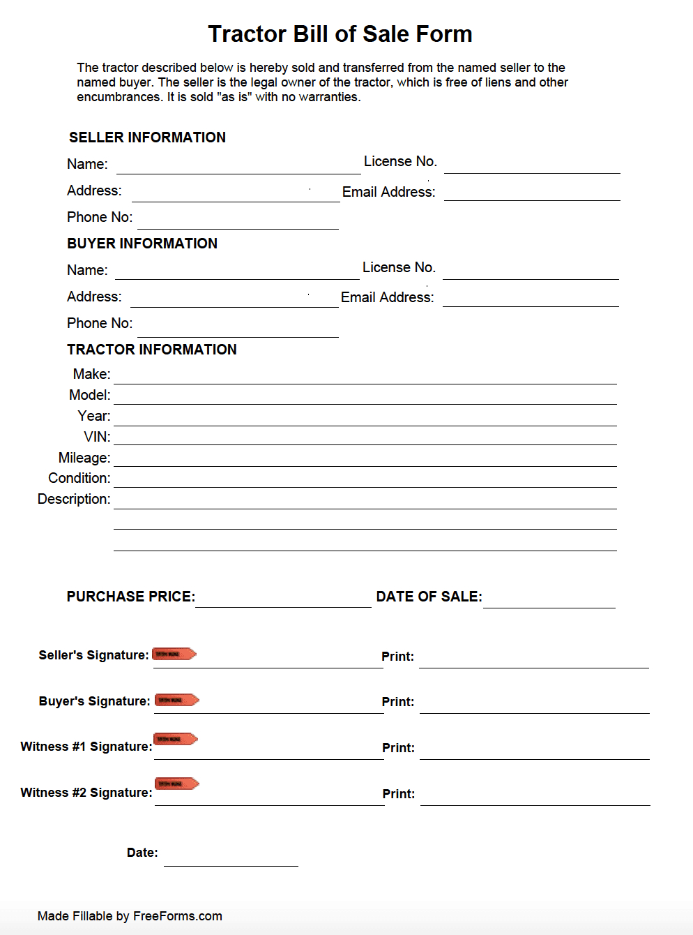 Free Tractor Bill Of Sale Form | Pdf with Free Printable Bill Of Sale For Lawn Mower