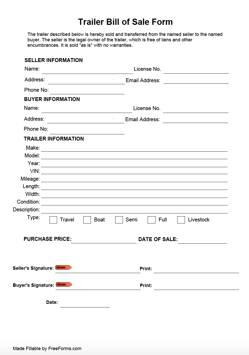 Free Trailer Bill Of Sale Form | Pdf inside Free Printable Boat Trailer Bill Of Sale