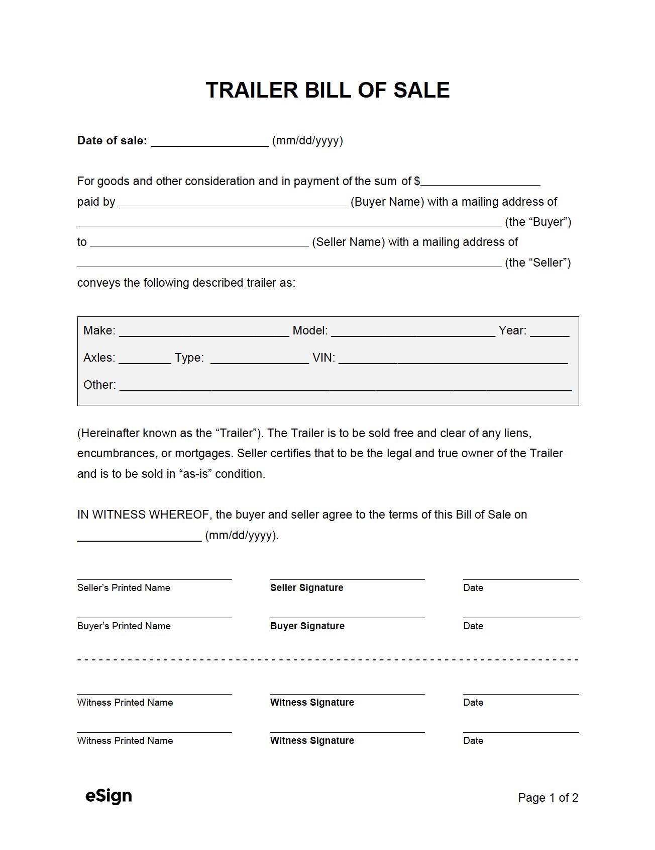 Free Trailer Bill Of Sale Form | Pdf | Word for Free Printable Bill Of Sale For A Trailer