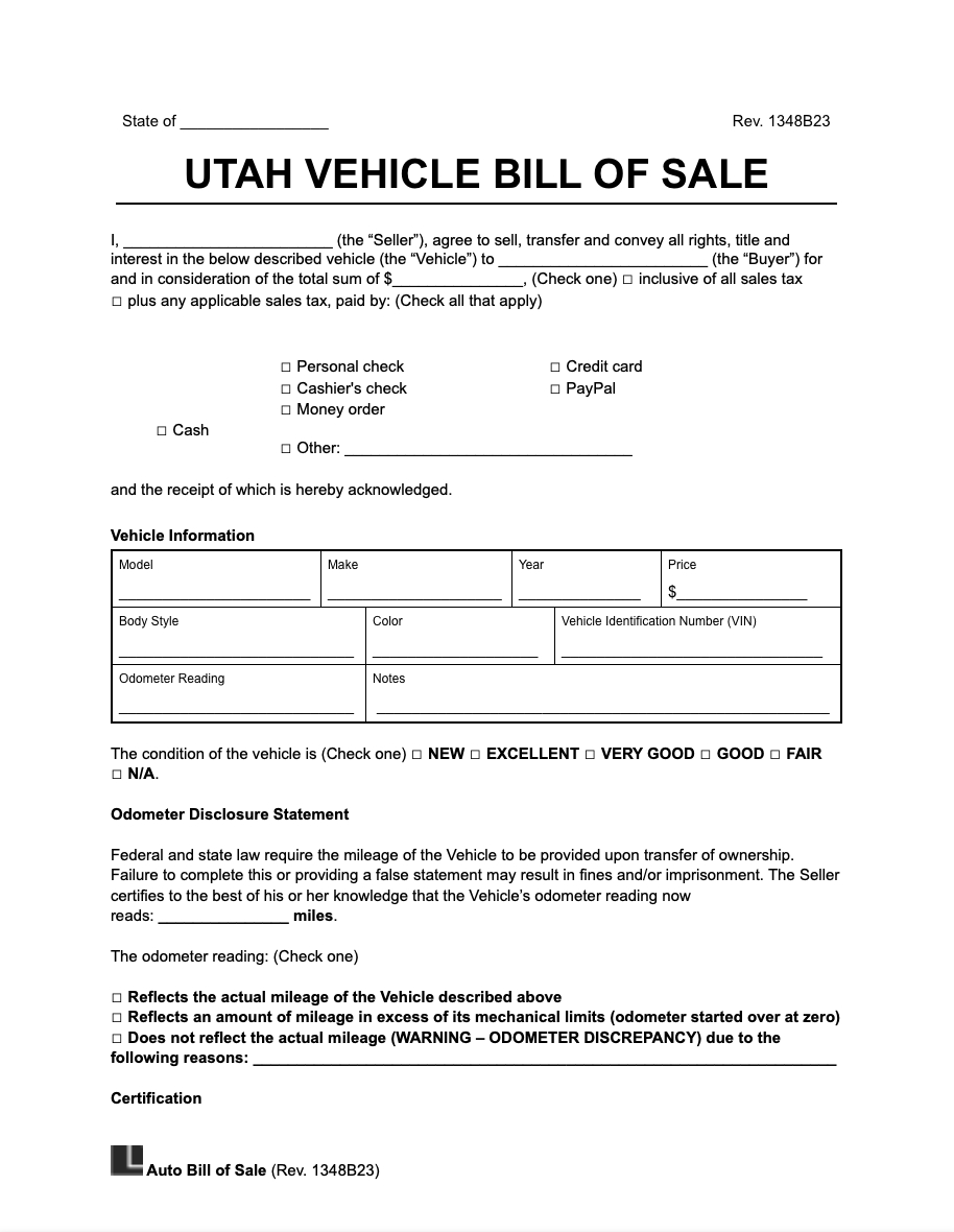 Free Utah Motor Vehicle Bill Of Sale Form | Pdf &amp;amp; Word inside Free Printable Bill Of Sale Utah