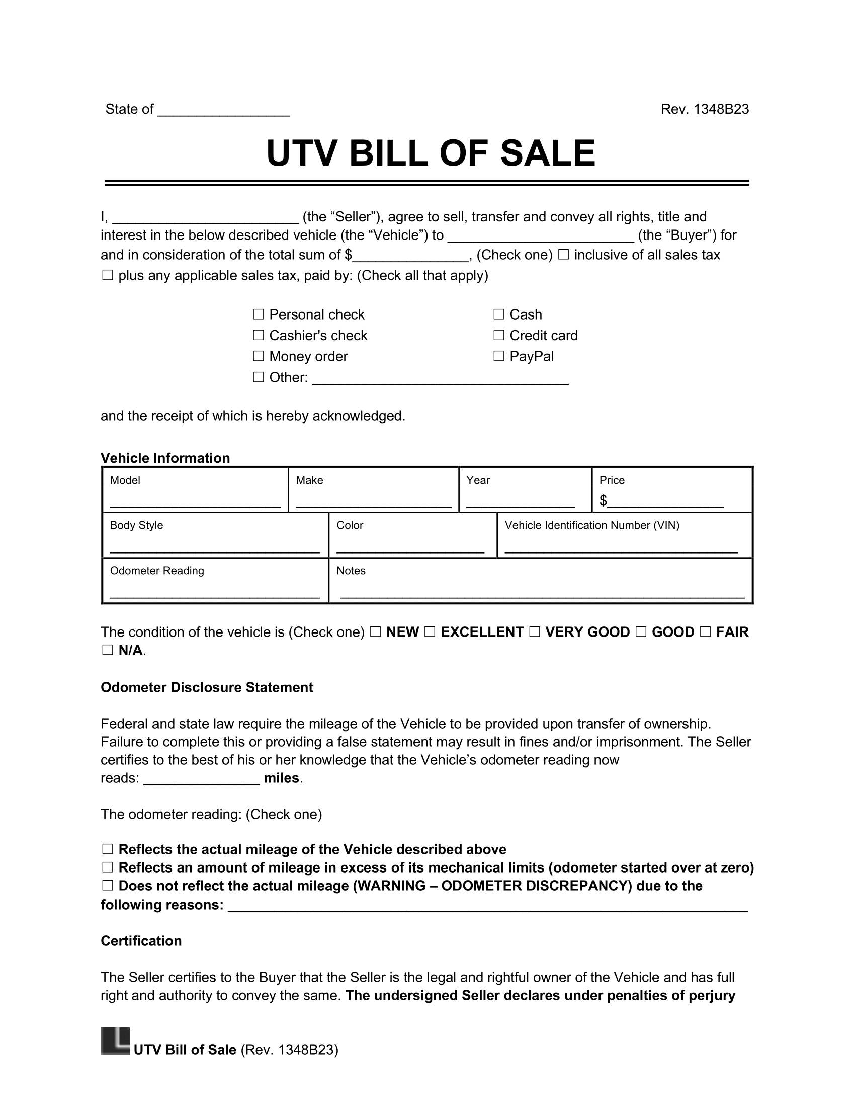 Free Utility Task Vehicle (Utv) Bill Of Sale Template | Pdf &amp;amp; Word for Free Printable Bill Of Sale For Utv