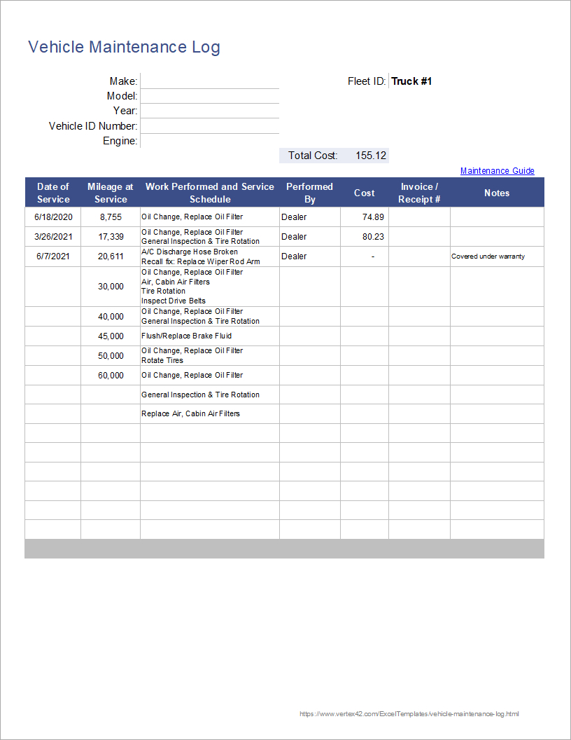 Free Vehicle Maintenance Log Template For Excel throughout Free Printable Auto Maintenance Log