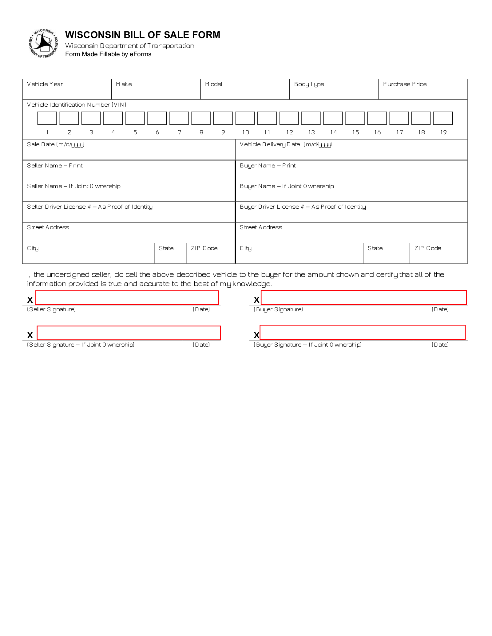 Free Wisconsin Motor Vehicle Bill Of Sale Form - Pdf – Eforms inside Free Printable Bill Of Sale For Car Wisconsin