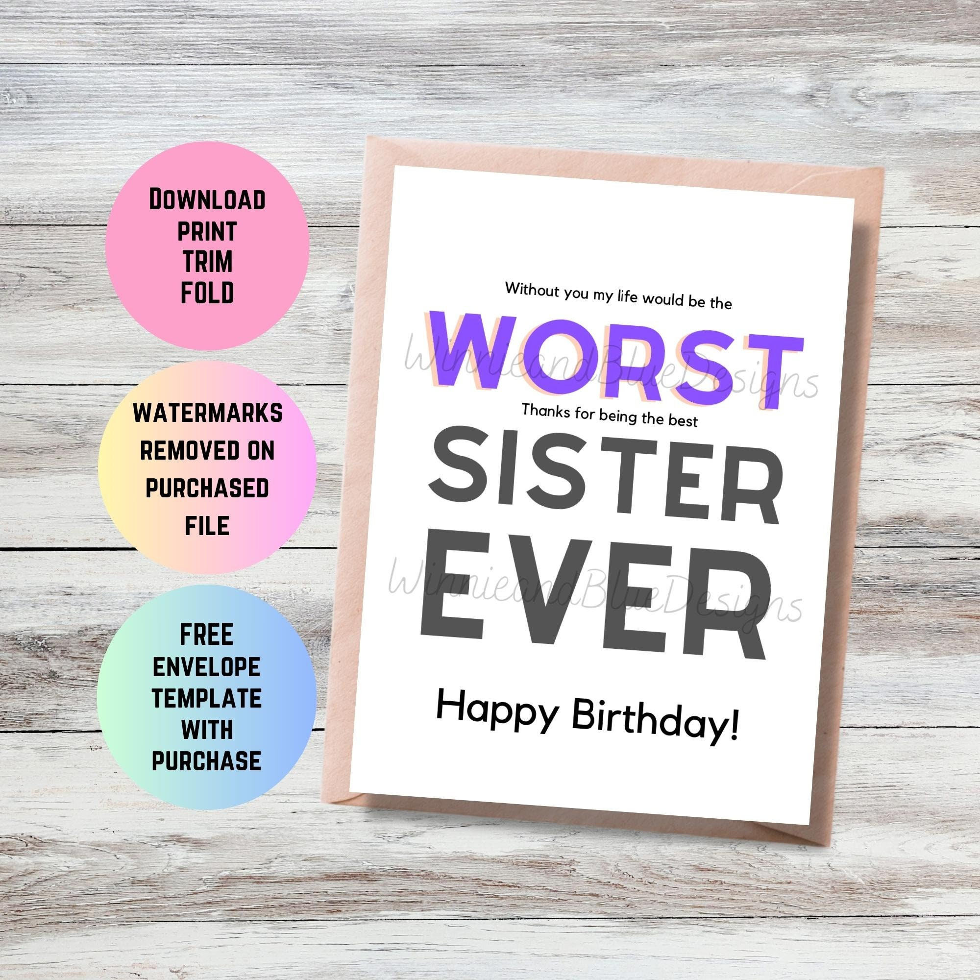 Funny Sister Birthday Card: Worst Sister Ever (Digital Download regarding Free Printable Birthday Cards For Sister Funny