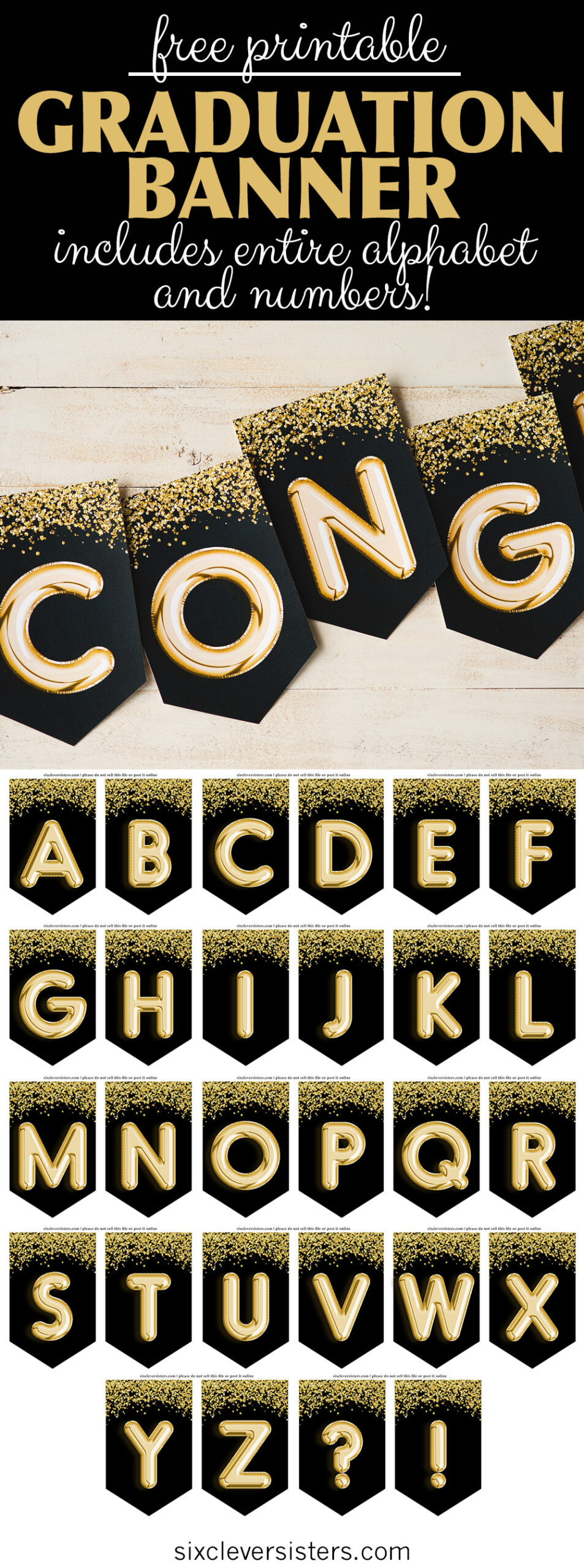 Graduation Banner, Black And Gold - Free Printable - Six Clever regarding FREE Printable Banner Letters Black and Gold